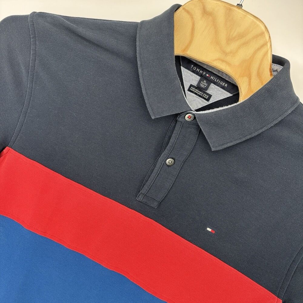 Tommy Hilfiger Men's XL Performance Pique Polo Navy Red Blue Colorblock
